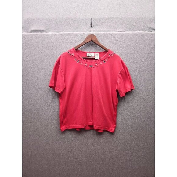 Jaclyn Smith Sport Womens XL Pink Embellished Short-Sleeve Top 65% Cotton 35% Po - Picture 1 of 4